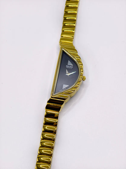 Vintage Seiko Halfmoon Asymmetrical Quartz Watch – Gold Tone & Black Dial
