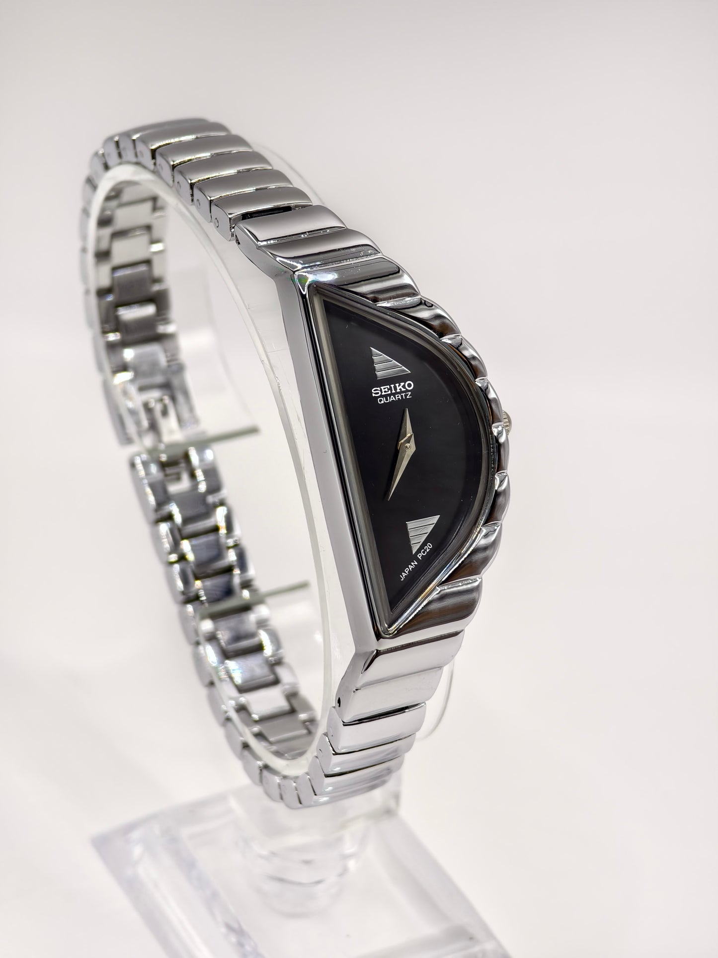 Vintage 1990s Seiko Half Moon Asymmetrical Watch | Silver-Tone & Black Dial