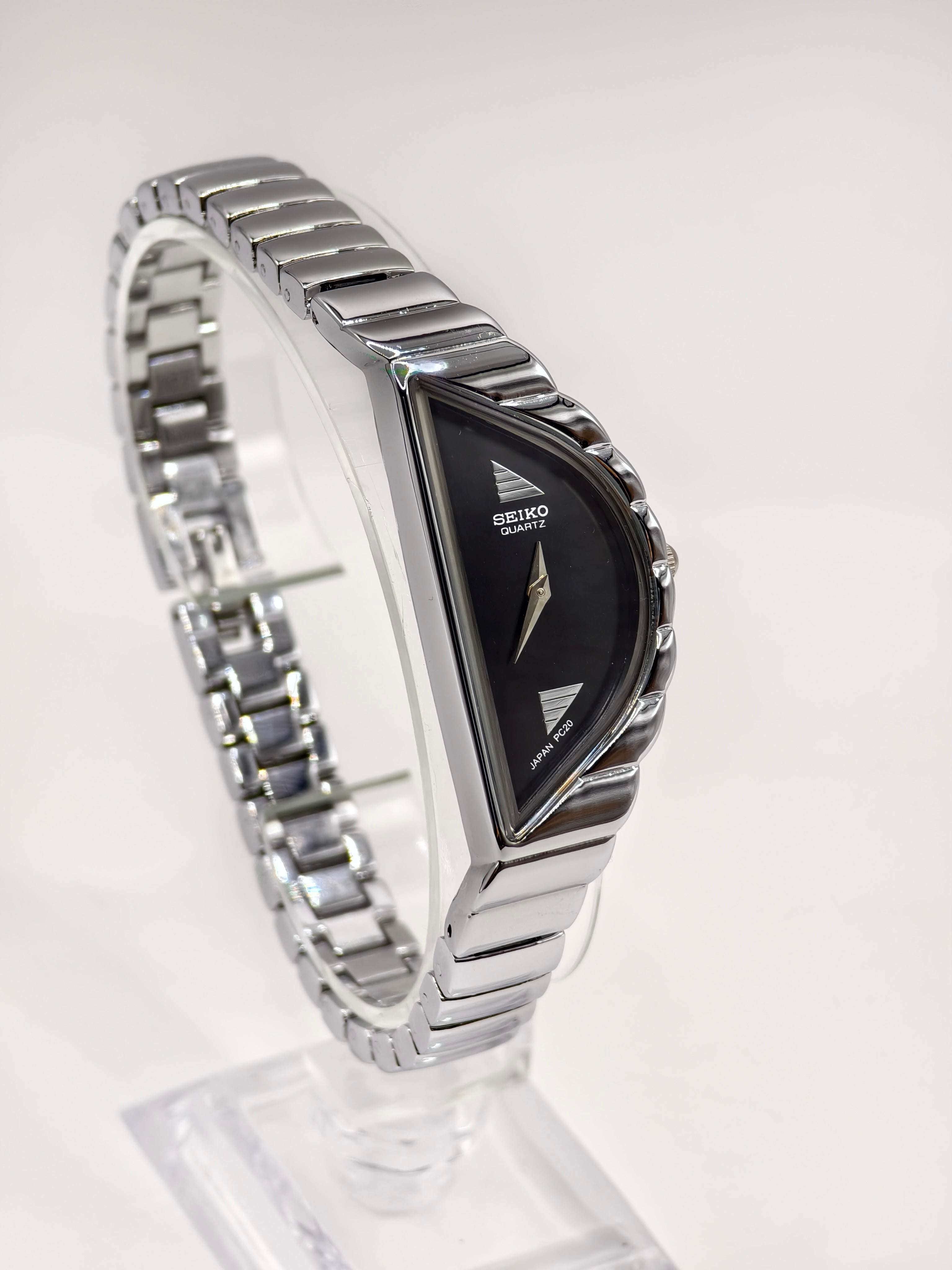 Vintage 1990s Seiko Half Moon Asymmetrical Watch | Silver-Tone & Black Dial