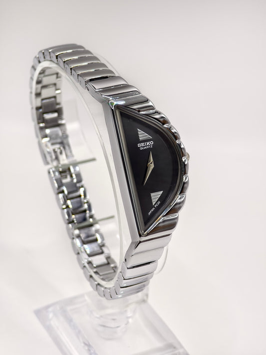 Vintage 1990s Seiko Half Moon Asymmetrical Watch | Silver-Tone & Black Dial
