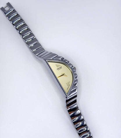 Vintage Seiko Halfmoon Asymmetrical Quartz Watch – Silver Tone & Gold Dial