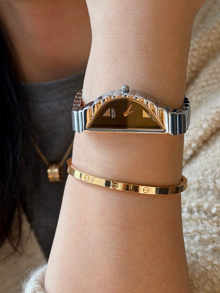 Vintage 1990s Seiko Half Moon Asymmetrical Watch | Silver-Tone & Black Dial