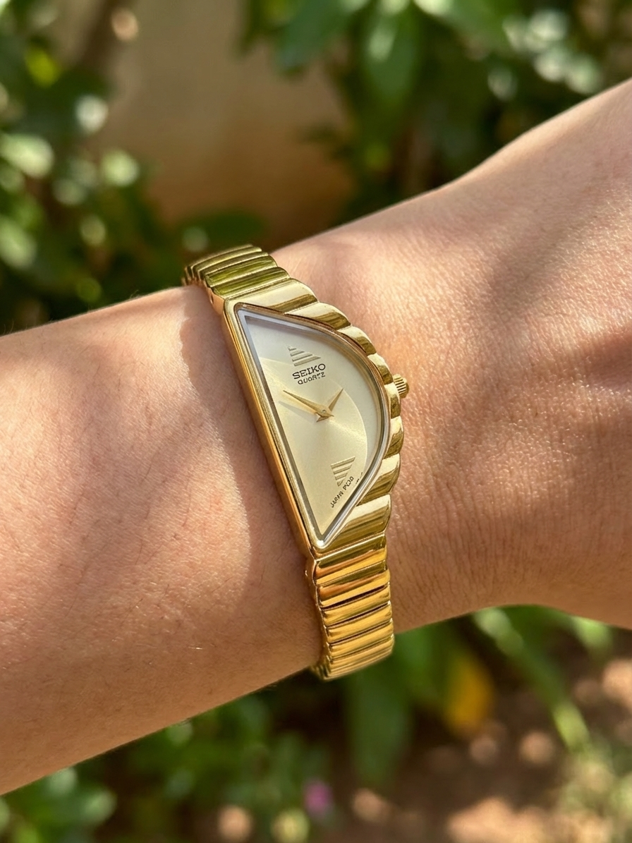 Rare Vintage Seiko Half Moon Asymmetrical Ladies Watch | Gold Dial Gold Case